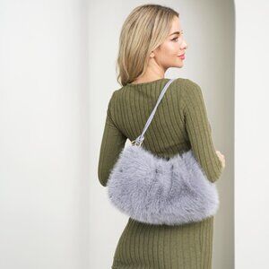 Elegant Grey Faux Fur Tote Handbag Purse Bag Shoulder Zipper Knot Details NWT